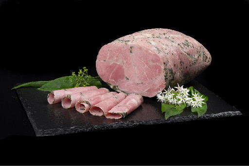 Cooked ham with rind with wild garlic