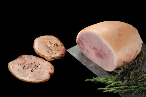 Cooked ham with rind for rotisserie