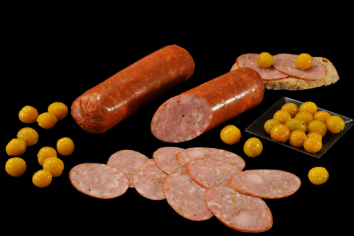 Cooked ham sausage with mirabelle plum