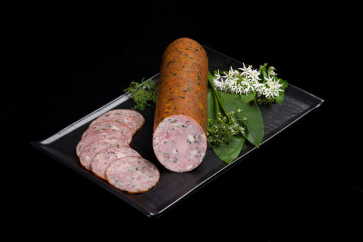 Cooked and smoked ham sausage with wild garlic